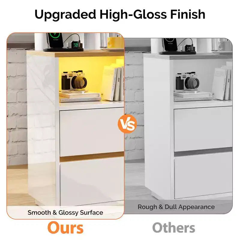 Karl Home Comodino da 39,8 cm, bianco lucido e rovere, in truciolare P2 da 15 mm, 2 cassetti, striscia RGB, presa USA (2 USB + 2 AC)