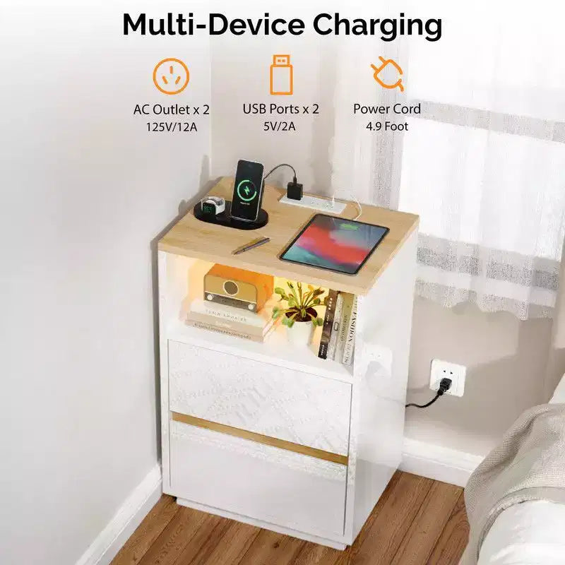Karl Home Comodino da 39,8 cm, bianco lucido e rovere, in truciolare P2 da 15 mm, 2 cassetti, striscia RGB, presa USA (2 USB + 2 AC)