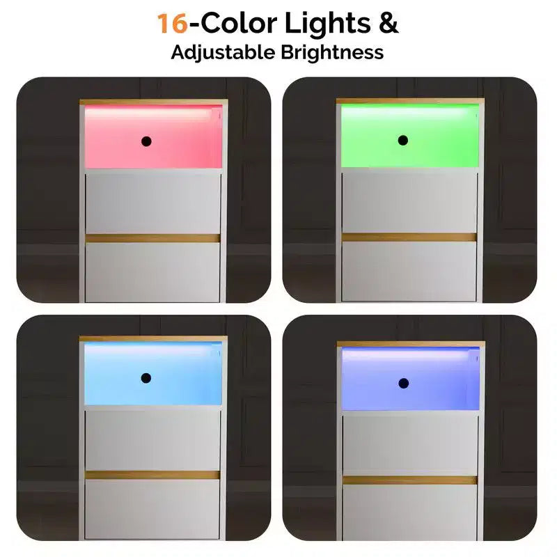 Karl Home Comodino da 39,8 cm, bianco lucido e rovere, in truciolare P2 da 15 mm, 2 cassetti, striscia RGB, presa USA (2 USB + 2 AC)