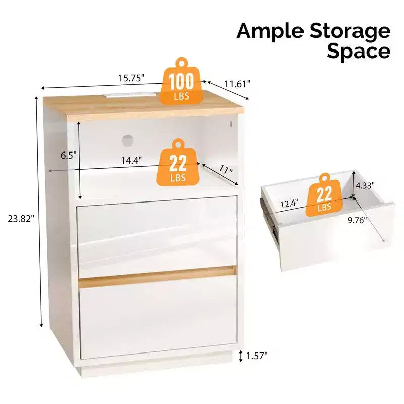 Karl Home Comodino da 39,8 cm, bianco lucido e rovere, in truciolare P2 da 15 mm, 2 cassetti, striscia RGB, presa USA (2 USB + 2 AC)