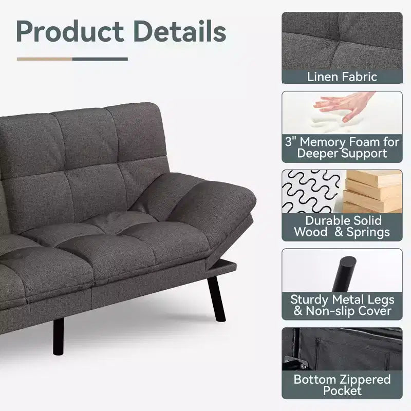 Dyonery Divano Letto Futon Convertibile, Divano Letto in Lino con Memory Foam, Schienale e Braccioli Regolabili, Divanetto Multifunzionale con Funzione Letto