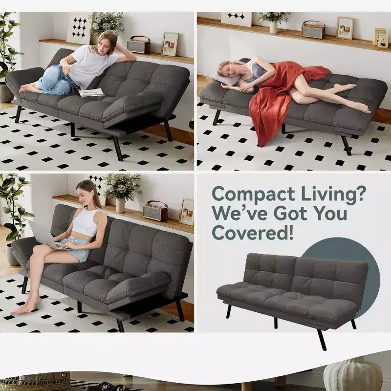 Dyonery Divano Letto Futon Convertibile, Divano Letto in Lino con Memory Foam, Schienale e Braccioli Regolabili, Divanetto Multifunzionale con Funzione Letto