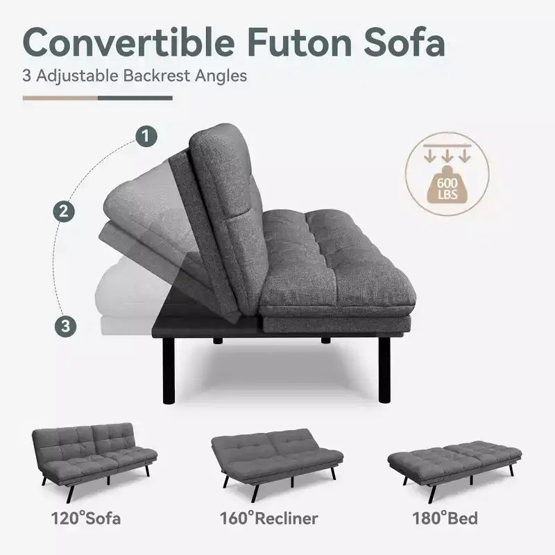 Dyonery Divano Letto Futon Convertibile, Divano Letto in Lino con Memory Foam, Schienale e Braccioli Regolabili, Divanetto Multifunzionale con Funzione Letto