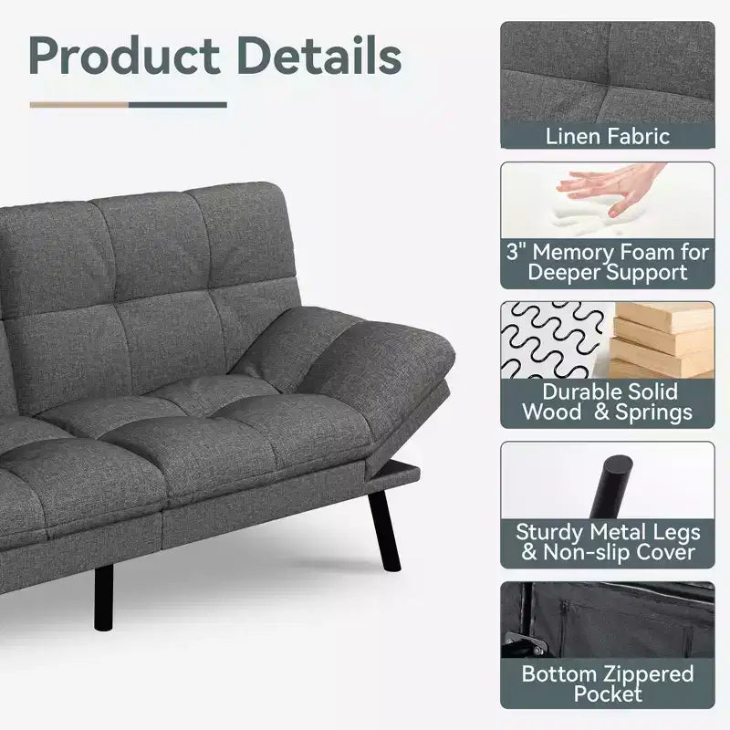 Dyonery Divano Letto Futon Convertibile, Divano Letto in Lino con Memory Foam, Schienale e Braccioli Regolabili, Divanetto Multifunzionale con Funzione Letto