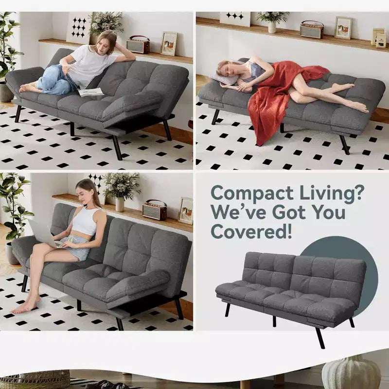 Dyonery Divano Letto Futon Convertibile, Divano Letto in Lino con Memory Foam, Schienale e Braccioli Regolabili, Divanetto Multifunzionale con Funzione Letto