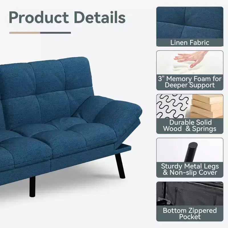 Dyonery Divano Letto Futon Convertibile, Divano Letto in Lino con Memory Foam, Schienale e Braccioli Regolabili, Divanetto Multifunzionale con Funzione Letto