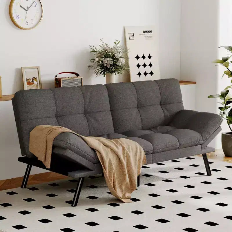 Dyonery Divano Letto Futon Convertibile, Divano Letto in Lino con Memory Foam, Schienale e Braccioli Regolabili, Divanetto Multifunzionale con Funzione Letto