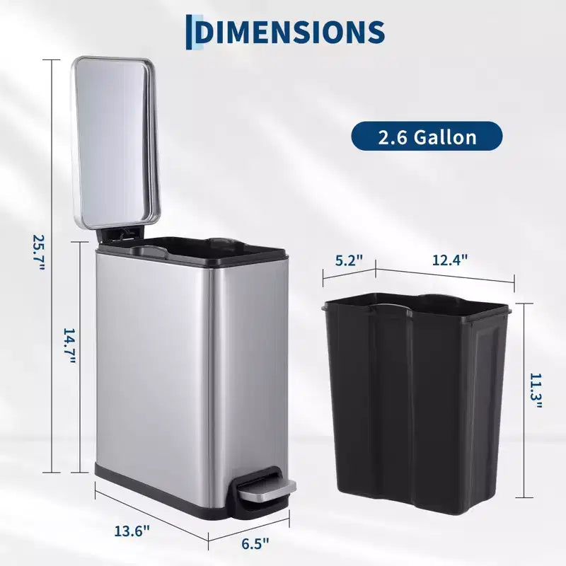 Pattumiera da Cucina Sottile in Acciaio Inox, con Pedale e Coperchio a Chiusura Ammortizzata - Secchio Interno Rimovibile - Cestino Rifiuti Rettangolare Stretto - Casa, Ufficio