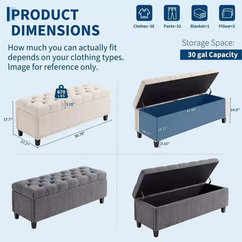 Panca Contenitore Extra Large 51", Capacità 300 kg, Cassapanca da Fondo Letto con Rivestimento Trapuntato e Cerniera di Sicurezza per Camera da Letto, Ingresso e Soggiorno