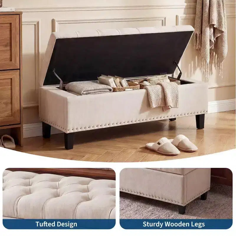 Panca Contenitore Extra Large 51", Capacità 300 kg, Cassapanca da Fondo Letto con Rivestimento Trapuntato e Cerniera di Sicurezza per Camera da Letto, Ingresso e Soggiorno
