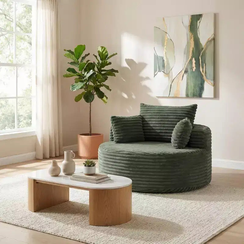Poltrona rotonda FurnitureR, poltrona accentata imbottita in velluto a coste con seduta profonda, divano singolo moderno e confortevole per soggiorno, camera da letto, appartamento