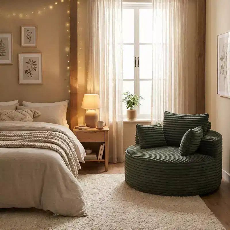 Poltrona rotonda FurnitureR, poltrona accentata imbottita in velluto a coste con seduta profonda, divano singolo moderno e confortevole per soggiorno, camera da letto, appartamento