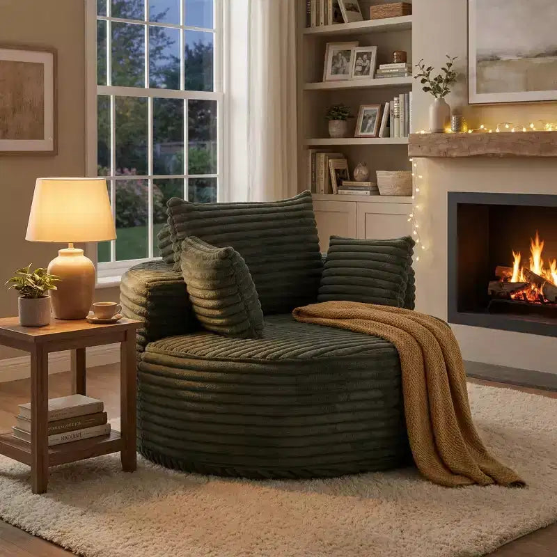 Poltrona rotonda FurnitureR, poltrona accentata imbottita in velluto a coste con seduta profonda, divano singolo moderno e confortevole per soggiorno, camera da letto, appartamento