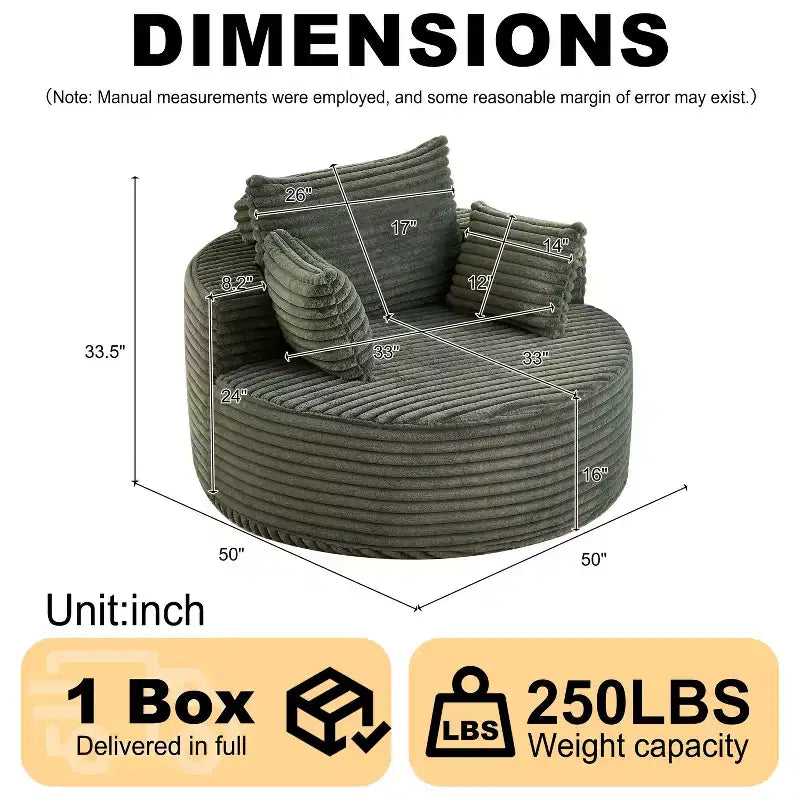 Poltrona rotonda FurnitureR, poltrona accentata imbottita in velluto a coste con seduta profonda, divano singolo moderno e confortevole per soggiorno, camera da letto, appartamento
