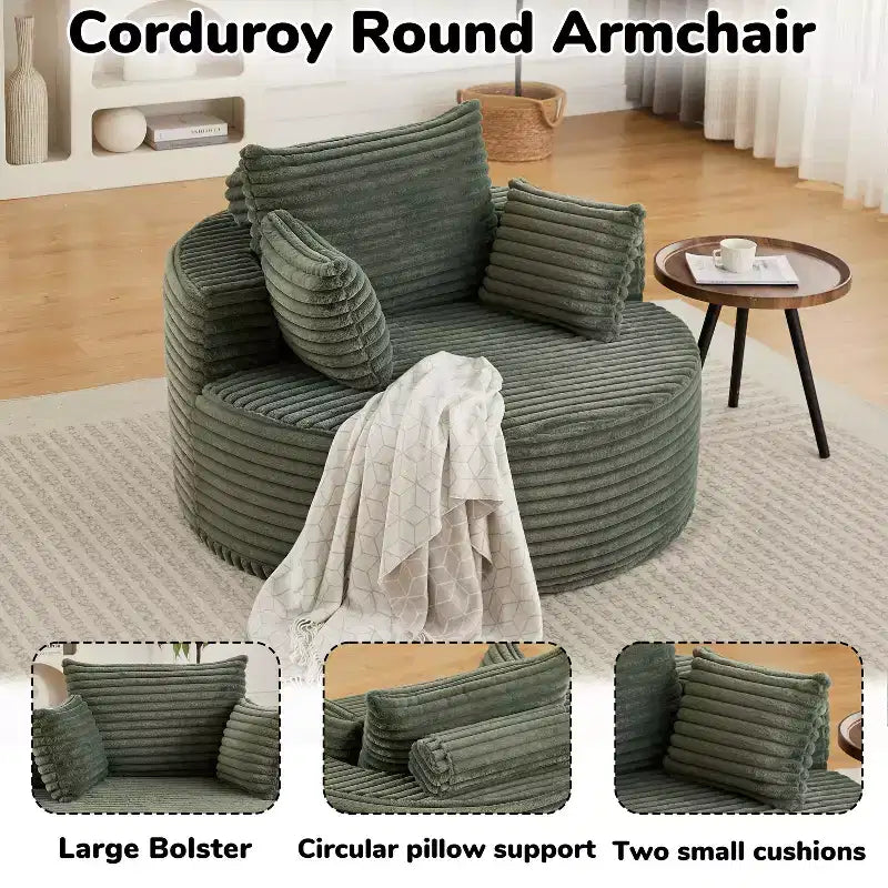 Poltrona rotonda FurnitureR, poltrona accentata imbottita in velluto a coste con seduta profonda, divano singolo moderno e confortevole per soggiorno, camera da letto, appartamento