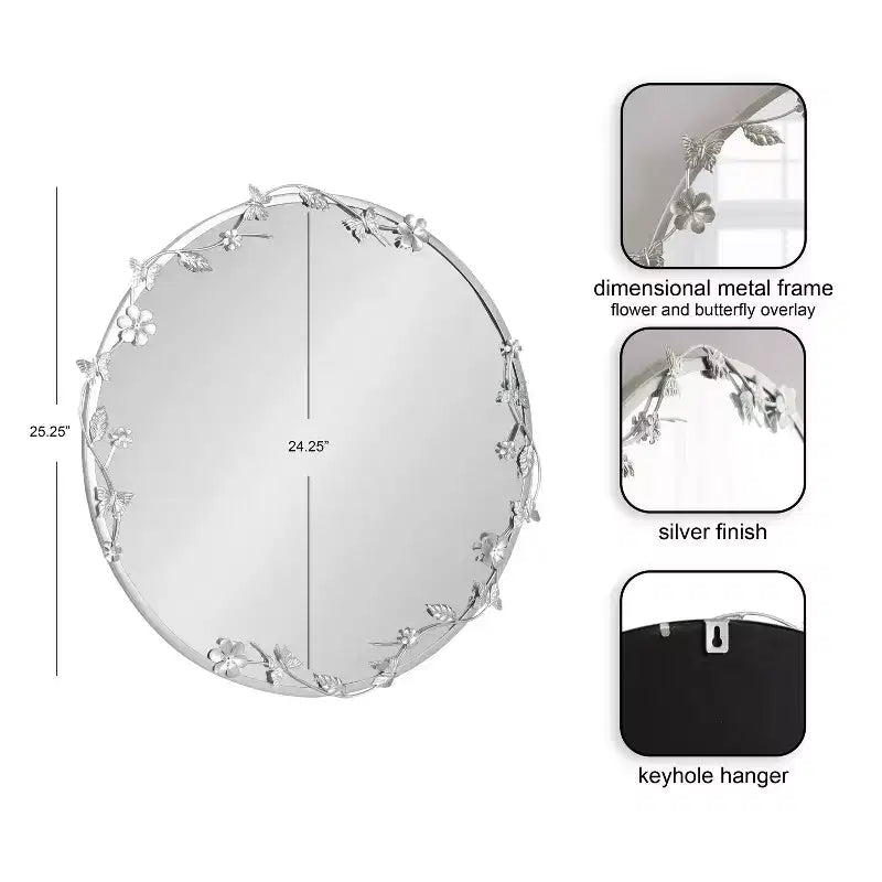 Kate and Laurel Rosella, Specchio da parete floreale in metallo, argento, 26x26